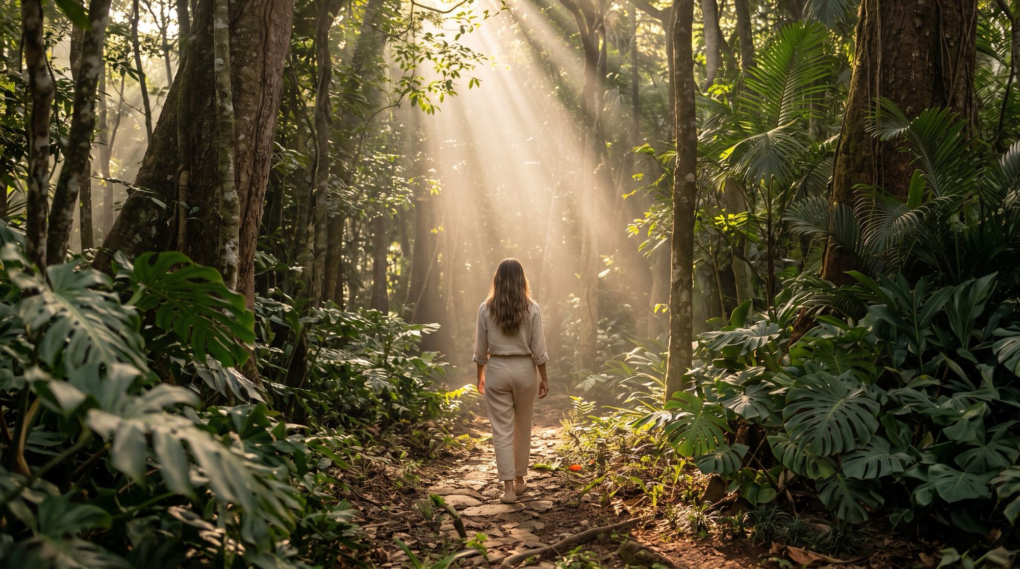 Mulher caminhando em trilha de mata com raios de sol entre as árvores