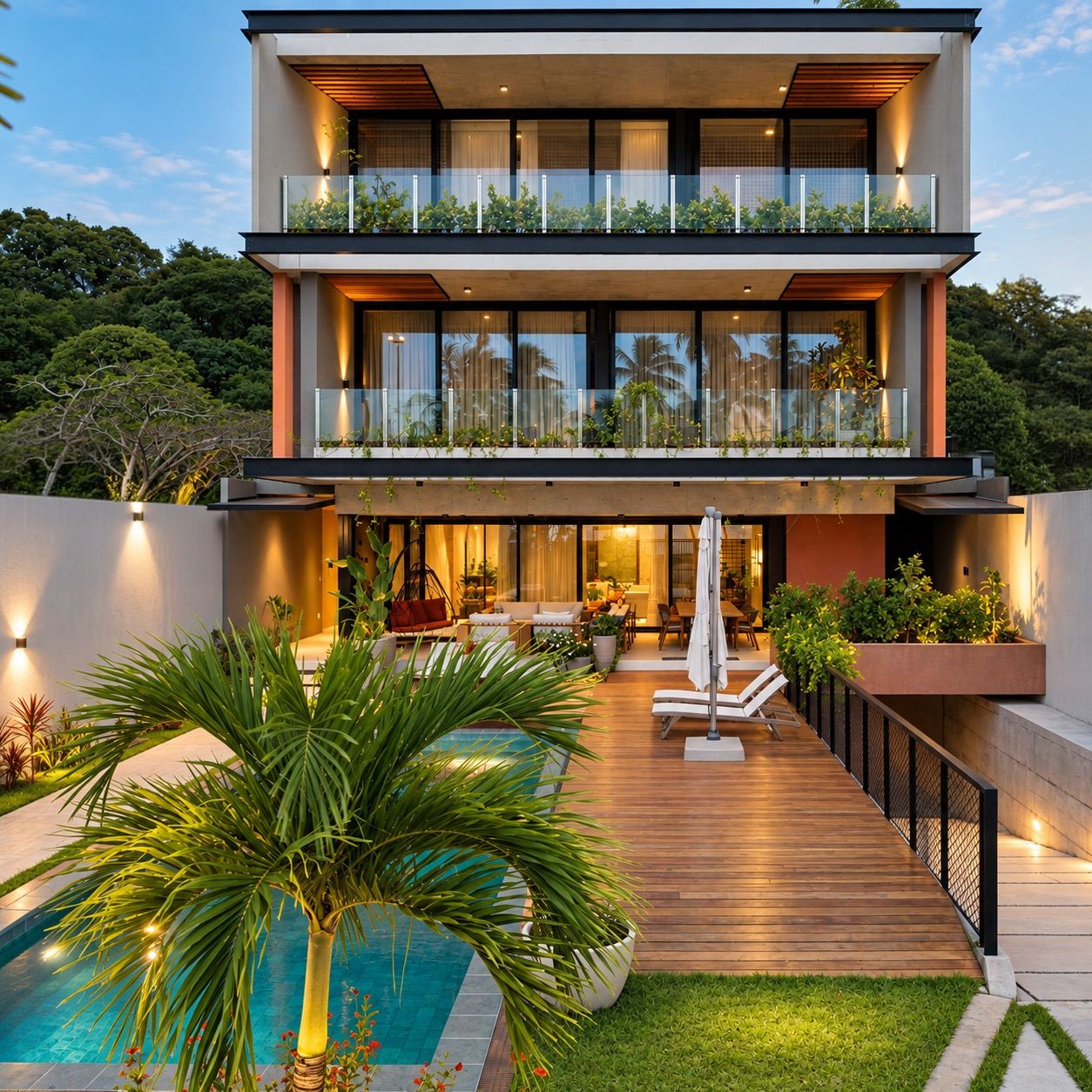 Casa de três pavimentos iluminada ao entardecer com deque e palmeira
