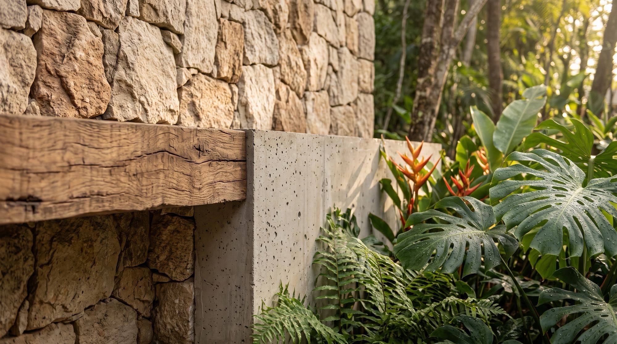 Muro de pedra e madeira rústica entre folhagens tropicais