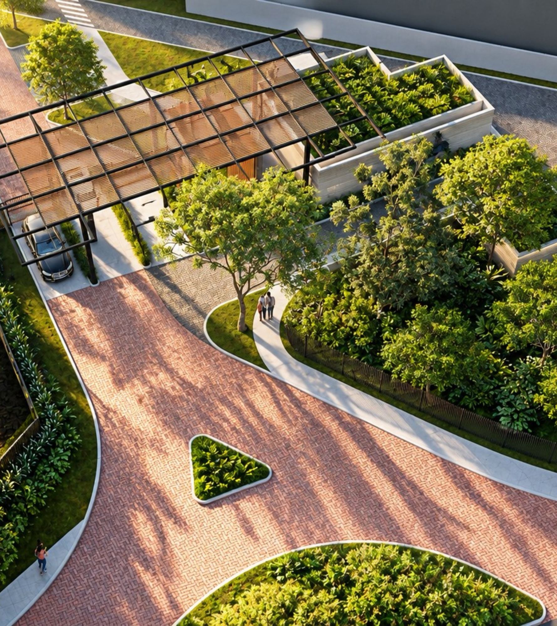 Vista de cima de trilha de tijolos entre terraços verdes e pérgola