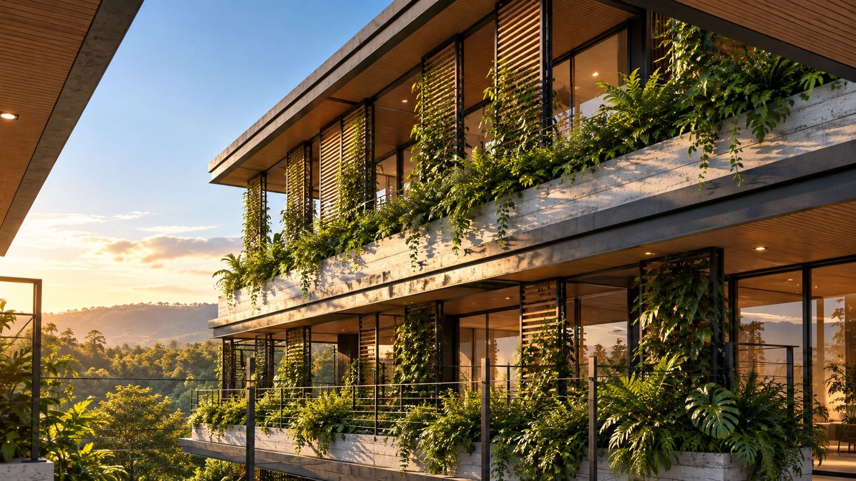 Fachada de casa com varandas e jardins verticais ao pôr do sol