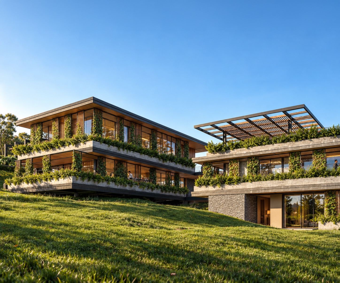 Casa moderna com telhados verdes sobre gramado e céu azul