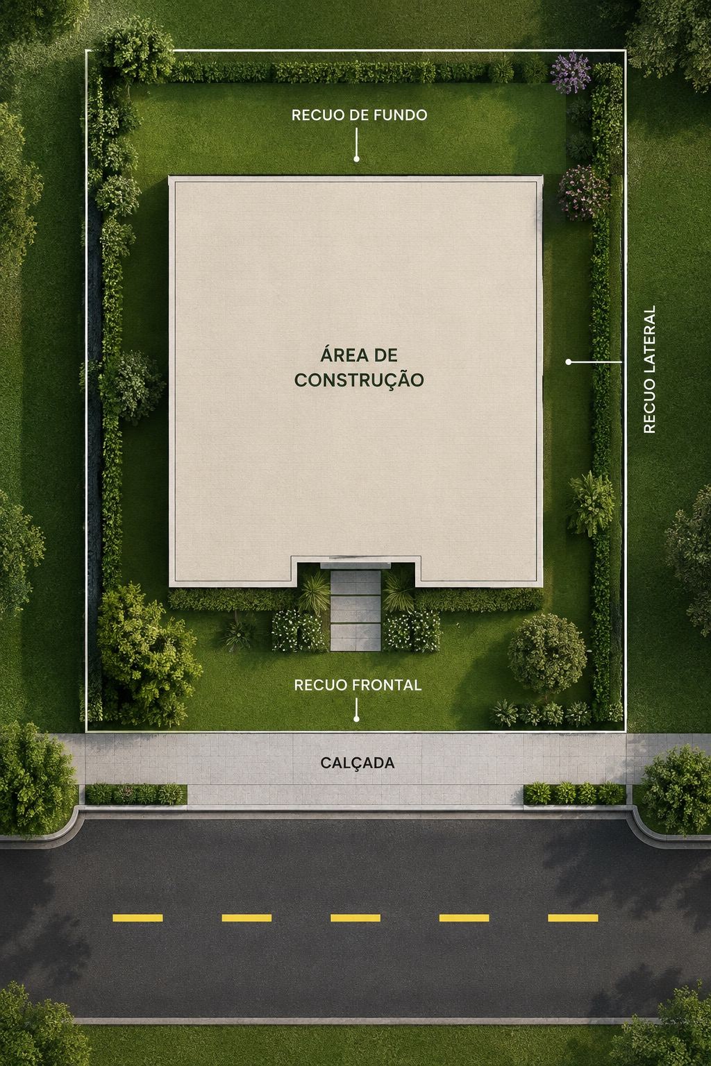 Planta do lote com área de construção, recuos e acesso