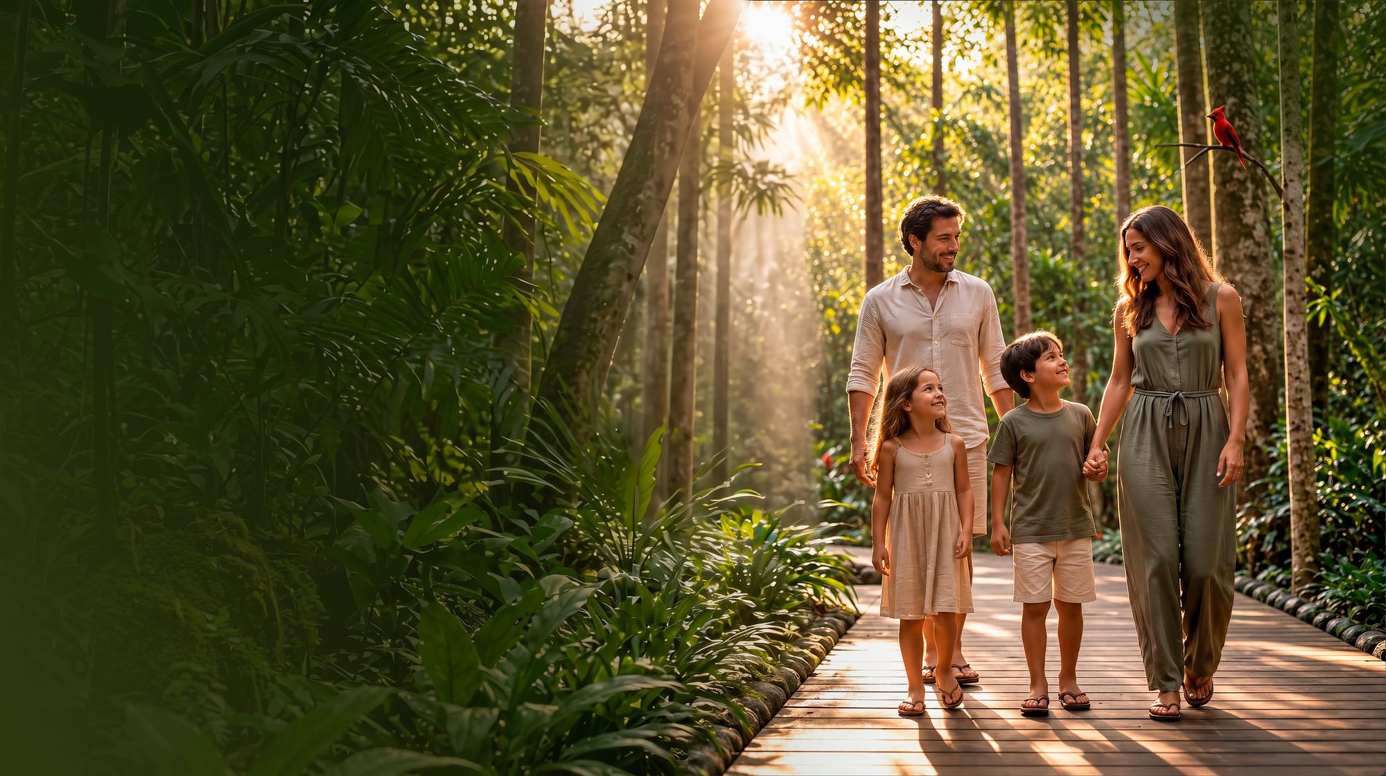 Família caminhando em trilha na mata com luz do sol
