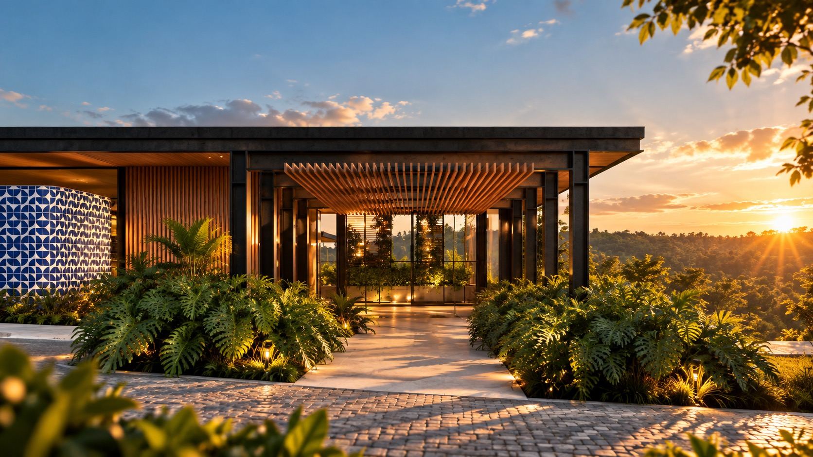 Pergolado de madeira com jardim iluminado ao pôr do sol