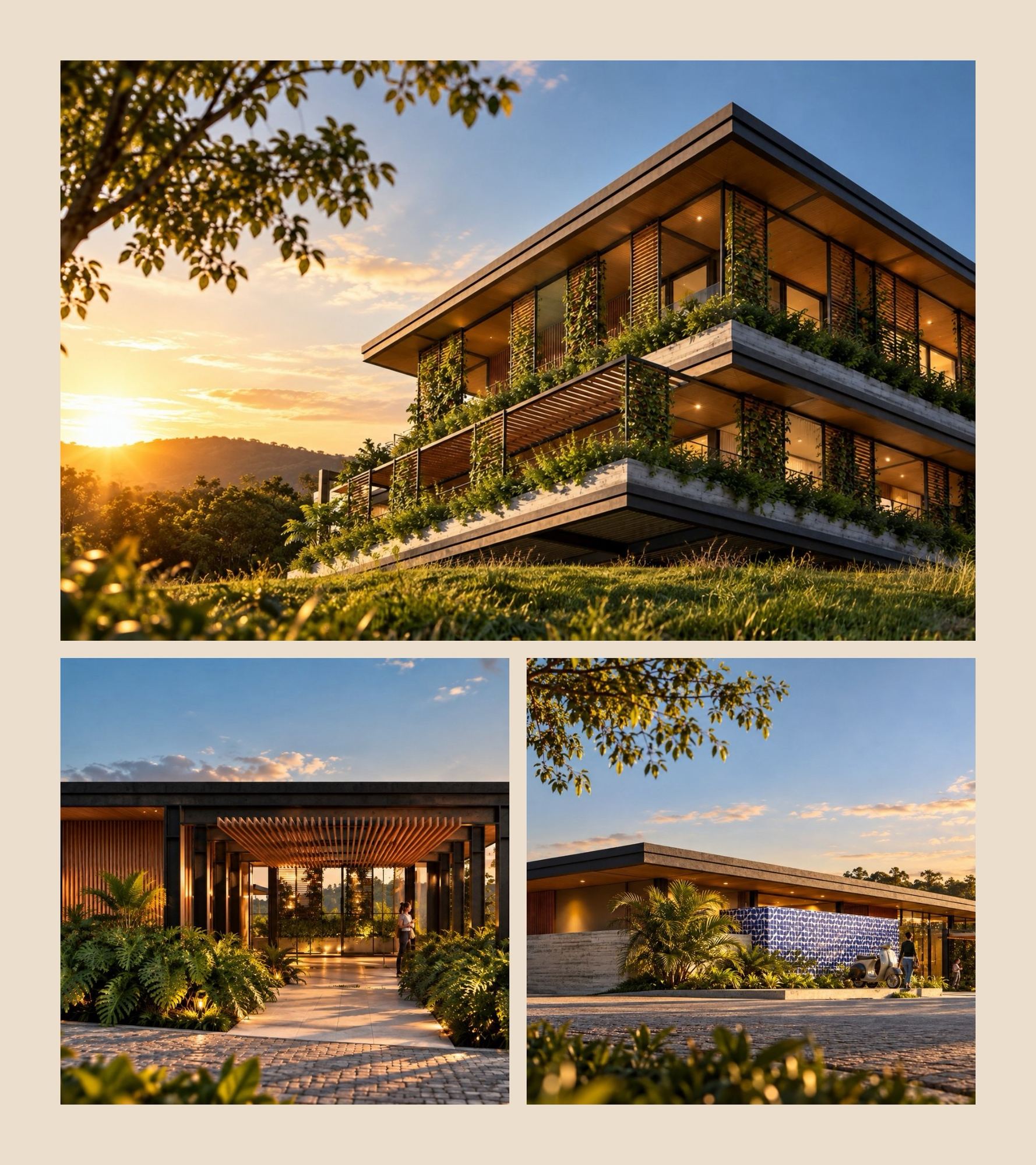 Três imagens de casas com telhado verde e pergolado