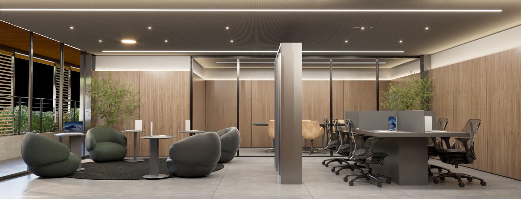 Coworking com salas de vidro, poltronas e mesas